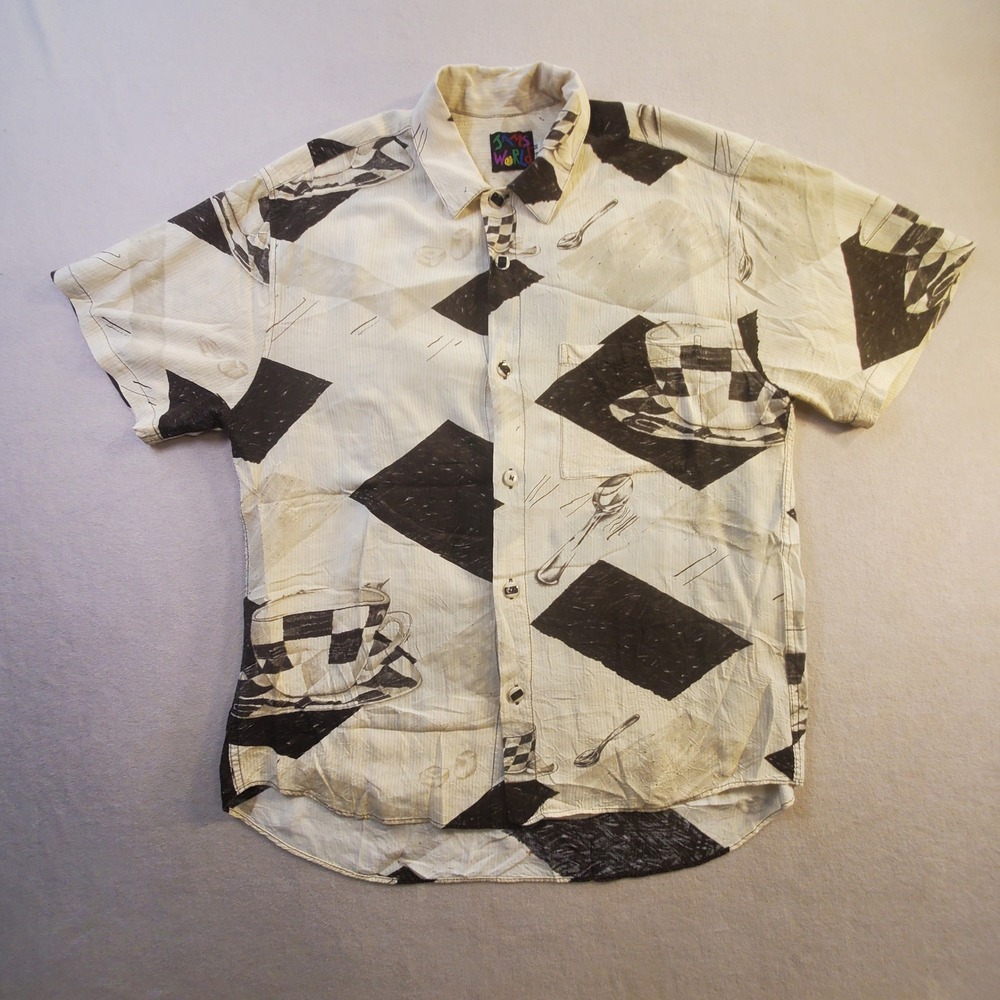 Jams World M Short Sleeve Button Rayon Shirt Cafe Coffee Cup Hawaii USA Rare